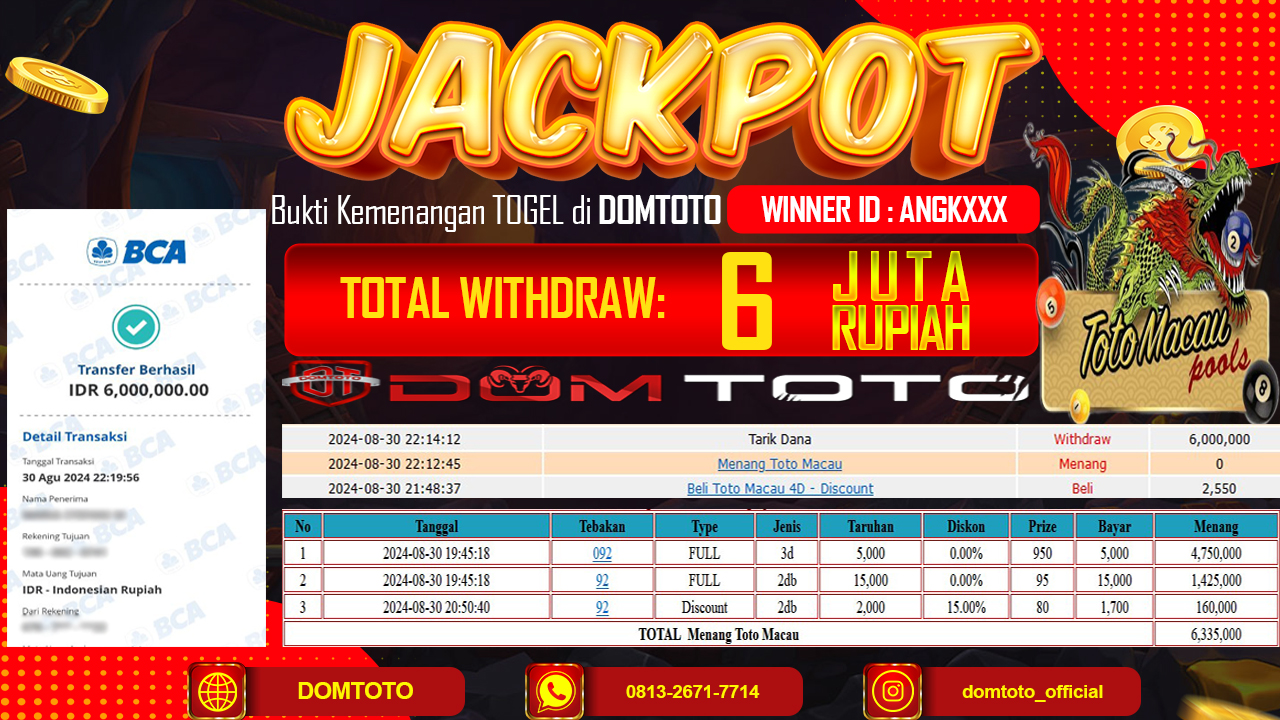 JACKPOT MENANG TOTOMACAU POOLS 30 AGUSTUS 2024